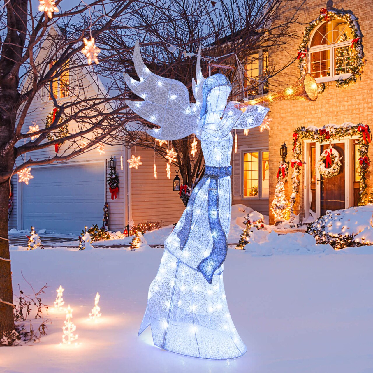 Costway 5 ft Christmas Angel Outdoor Pre-Lit Angel with Trumpet Halo Wings & 100 LED Lights